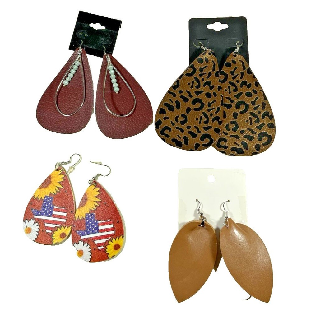 New Lot of 4 Faux Leather Earrings Teardrop Pierced Animal Print Beaded Texas